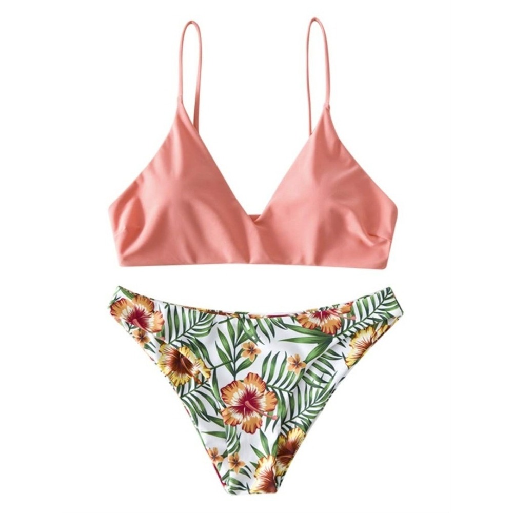 Zaful Womens Two Piece Bikini Set Peach V-Neck Top Tropical Floral Bottoms US 8